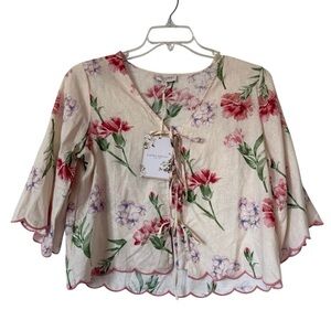 Laura Ashley Floral Tie-Front Blouse linen/ rayon- size S NWT